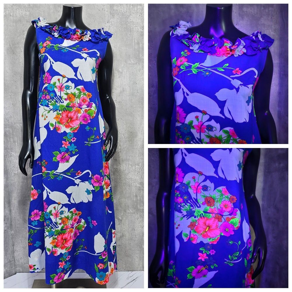Vintage 70s Royal Hawaiian Lei Ruffle Collar UV Bright Floral Maxi Tiki Dress